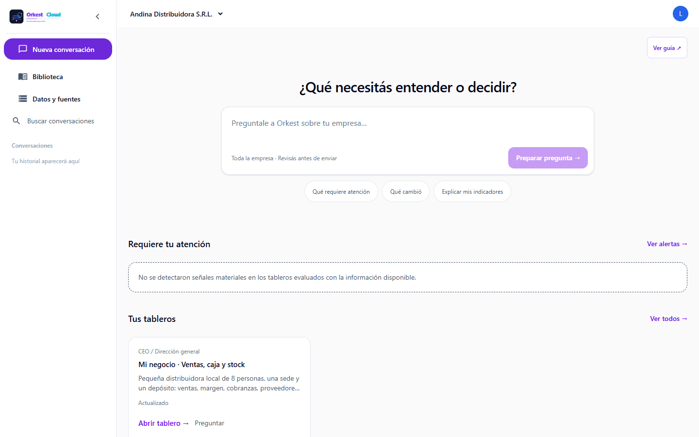 Inicio de Orkest Intelligence con una pregunta de negocio, asuntos que requieren atención y tableros de demostración