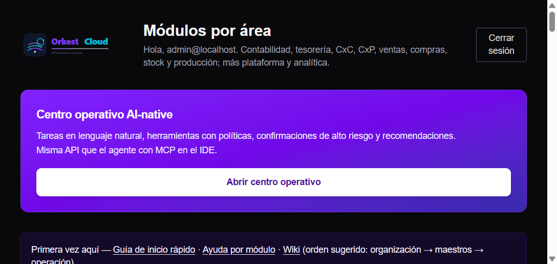 Hub de módulos de OrkestCloud tras iniciar sesión, con accesos por área según permisos