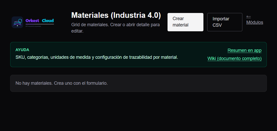 Pantalla de materiales en OrkestCloud: encabezado, ayuda contextual y grilla de SKU